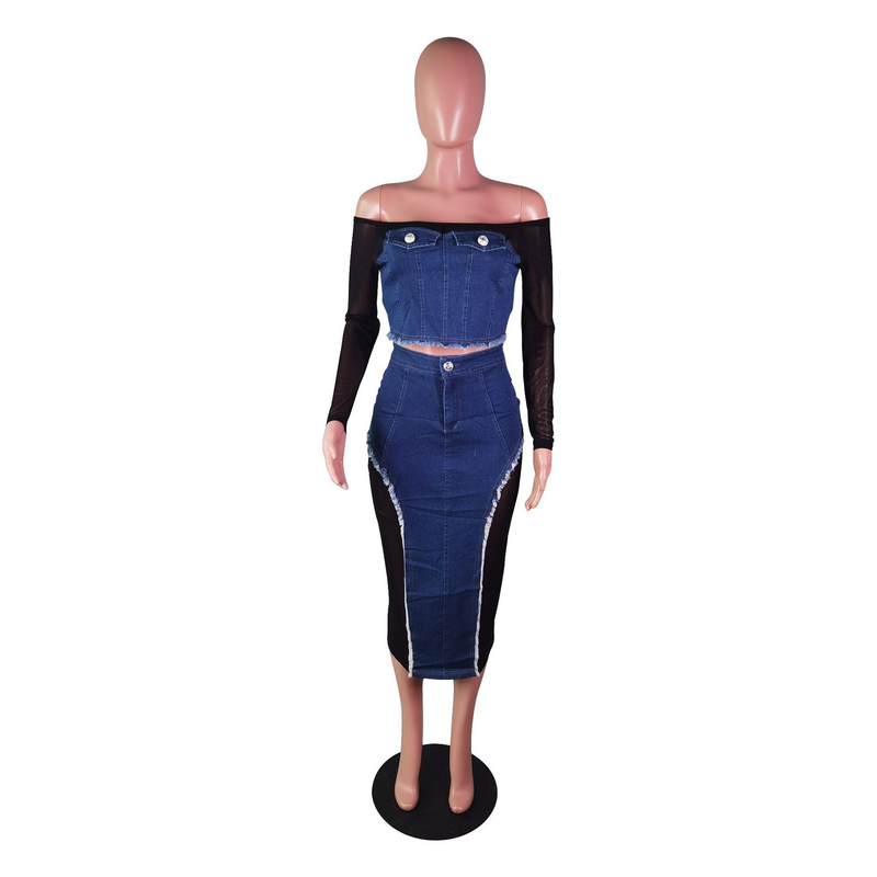 Conjunto de dos piezas de falda de pecho transparente con costura vaquera de gasa a la moda para mujer_voghion.com