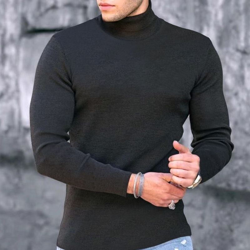 Camisa de punto con cuello alto y manga larga para hombre, color liso, para primavera, otoño e invierno, con parte inferior elástica._voghion.com