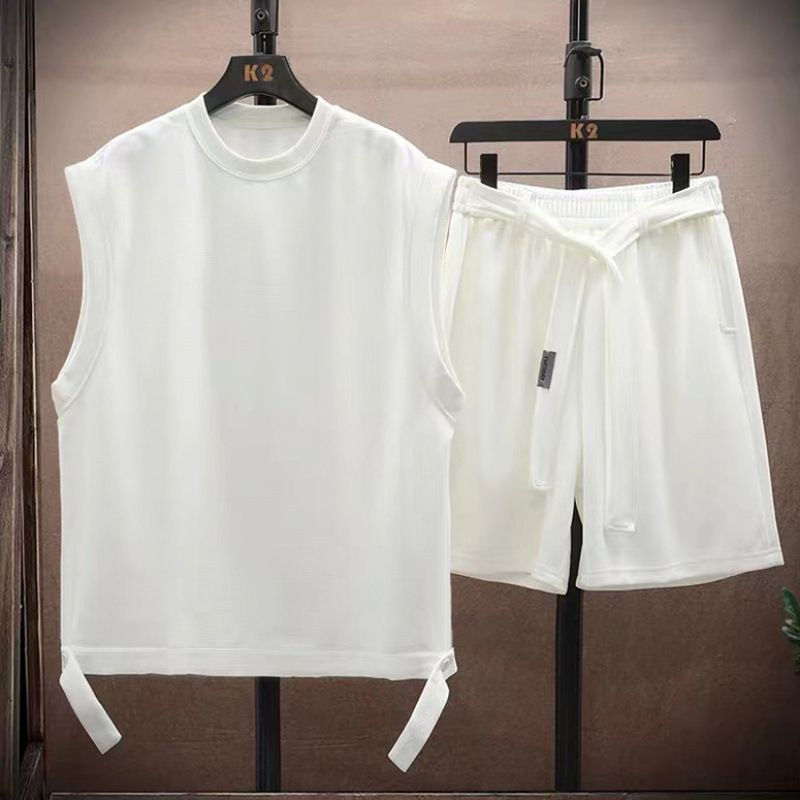 Waffle Texture Summer Casual Fashion Men's Trendy Loose Tank Top Sleeveless Vest Shorts Two-Piece Set_voghion.com