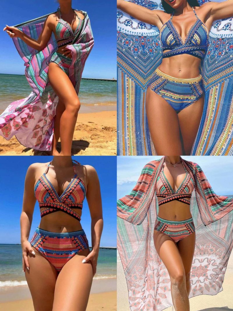 Dameskleding Nieuw driedelig badpak strand spinning bikini badpak met gekruiste bandjes hoge taille sluier_voghion.com