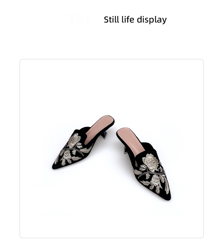 Damenschuhe Bestickte Pantoletten mit mittlerem Absatz und spitzer Spitze, Sommerschuhe für Damen, neue Hausschuhe mit hohem Absatz, Halbschuh, Wildleder, weiche Sohle, ein Schritt_voghion.com