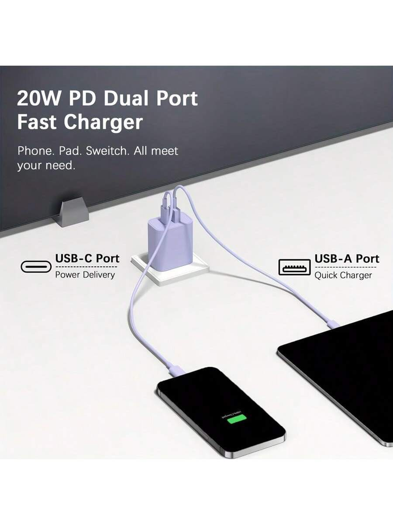 Adaptador de corriente USB-C rápido dual de 20 W: carga rápida, puerto dual, cable tipo C de 1,8 m, compatible con iPhone 15 y iPad._voghion.com