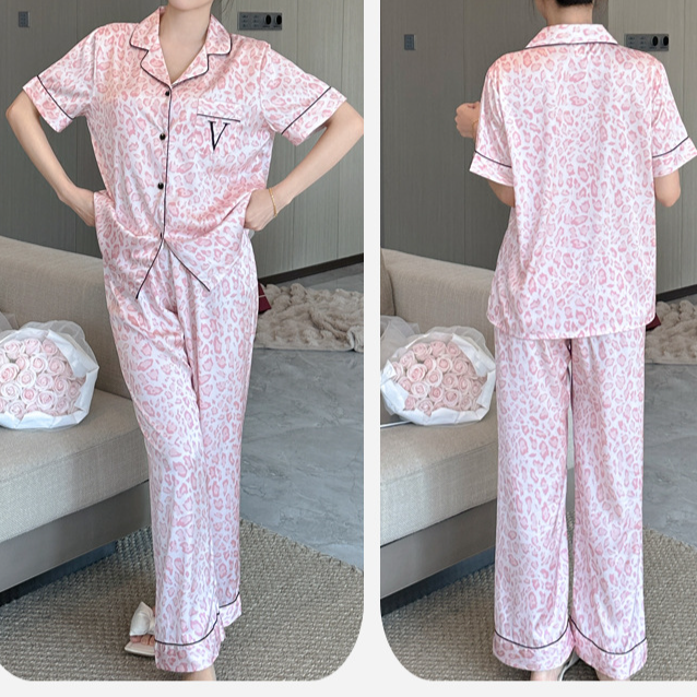 Damen-Pyjama-Set aus Satin mit Leopardenmuster – weiche und glatte Nachtwäsche aus Viskose-Rayon mit kurzärmligem Oberteil und langer Hose – leicht und atmungsaktiv_voghion.com