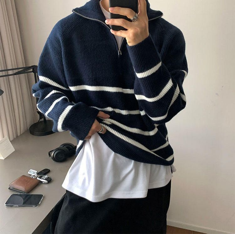 Herrenbekleidung Herren-Pullover mit halbem Reißverschluss und Streifen – Strickpullover mit Stehkragen (Paar-Stil, entspannte Passform)_voghion.com