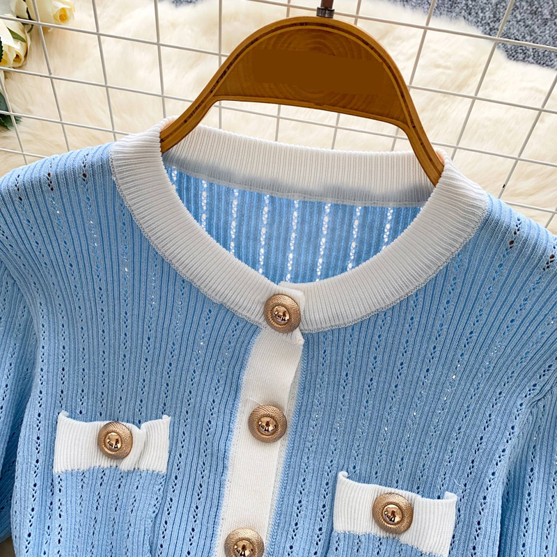Women's Clothing Metal Button Waist Long Sleeve Luxury-Inspired Contrast Trim Metal Button Long Sleeve Knit Top – Slim Fit High Waist Staple For Fall_voghion.com