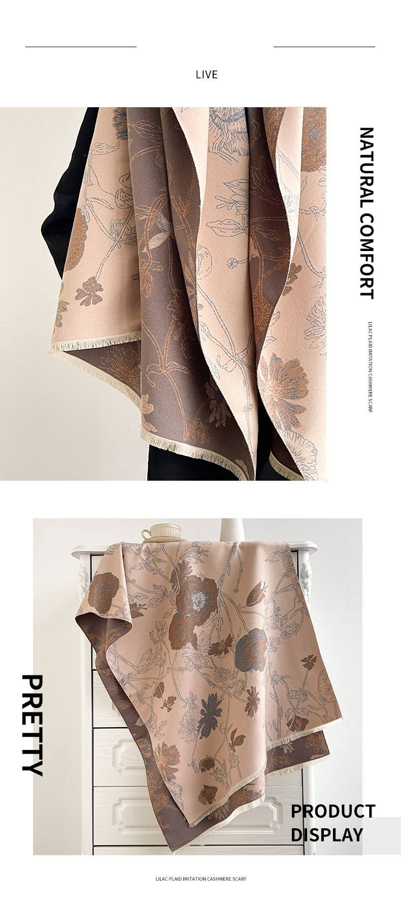 Dwustronny szal z imitacji kaszmiru – zimowy, ciepły, kwiatowy szal dla kobiet i na prezent (w stylu koreańskim, dwustronny, miękki i przytulny)_voghion.com