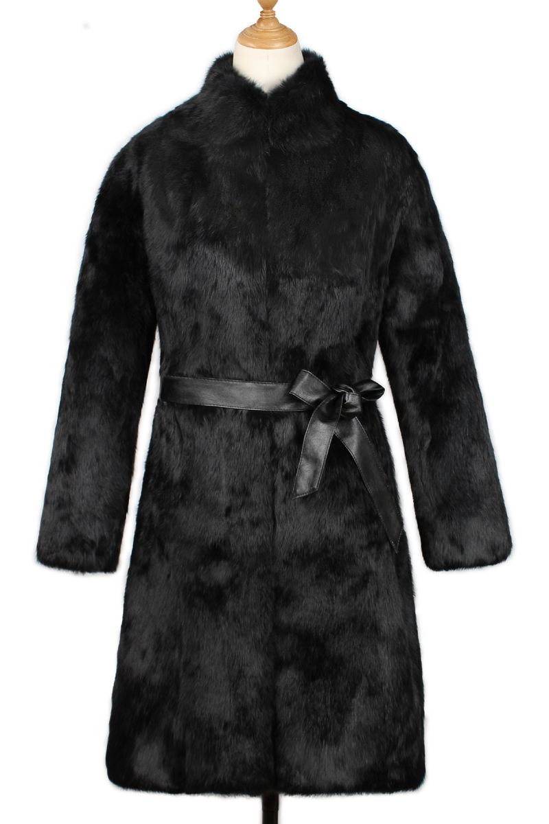 Abrigo largo de lujo de piel sintética de conejo para mujer, con cinturón ajustable, abrigo de invierno negro._voghion.com