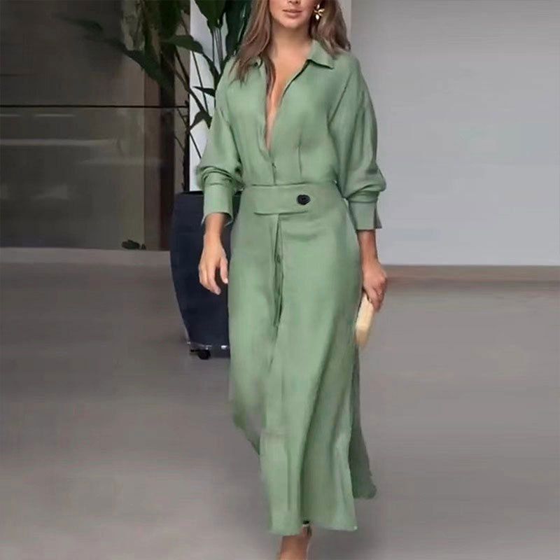 2025 Nuovo ed elegante abito camicia irregolare a maniche lunghe con cintura in vita, da donna, con cravatta, tinta unita_voghion.com