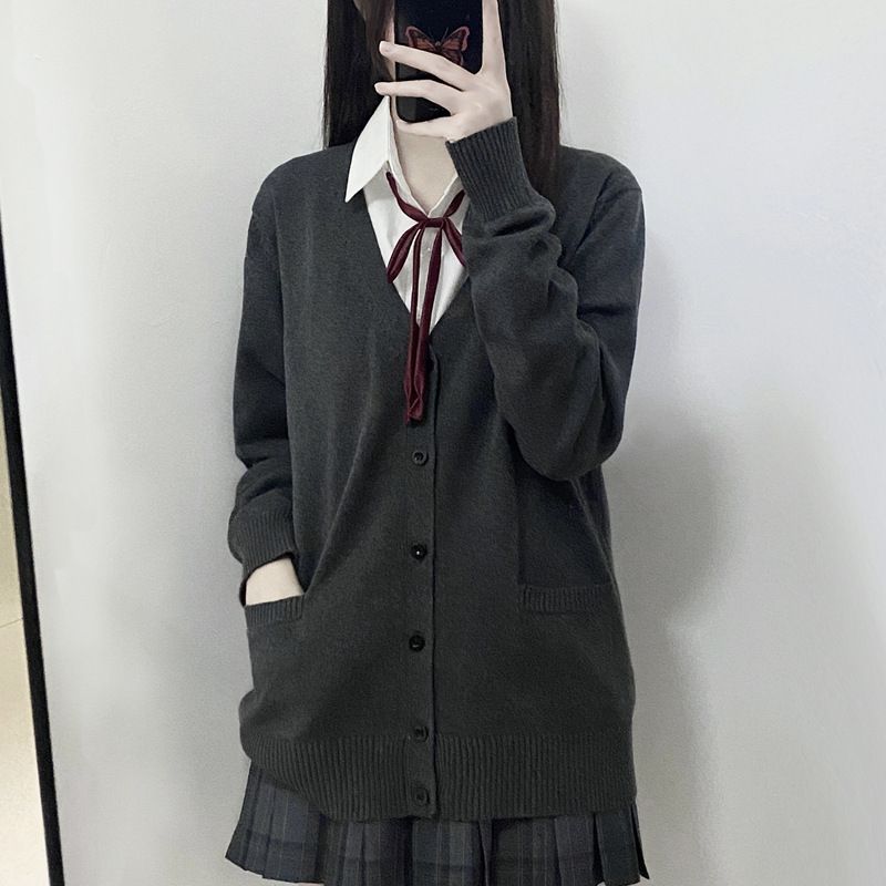 Japanese Style JK Cardigan Sweater For Women - Vintage School Uniform Inspired Long Sleeve Knit Top, Loose Fit V-Neck Open Front Coat_voghion.com