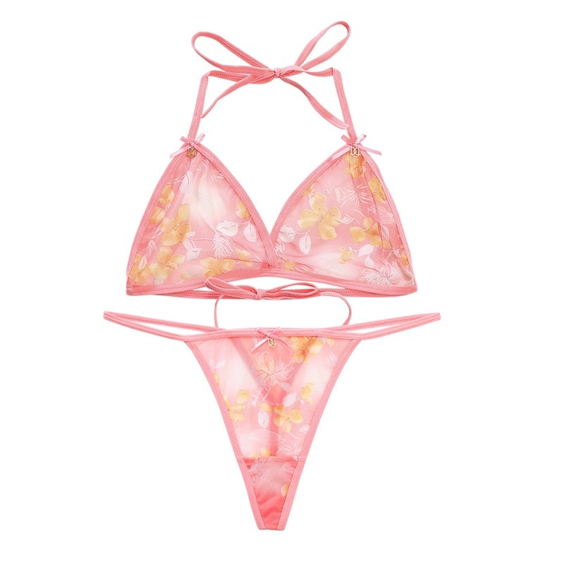 Dámské sexy spodní prádlo Set Flower Bra Thong 2 kusy měkké síťované průsvitné ramínko transparentní spodní prádlo body bikiny_voghion.com