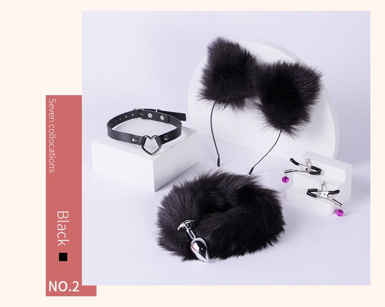 Lupo nero, coda di volpe carina, dilatatore anale, fascette con orecchie di gatto, set, morsetto per capezzoli, collare per il collo, cosplay erotico, giocattoli intimi_voghion.com