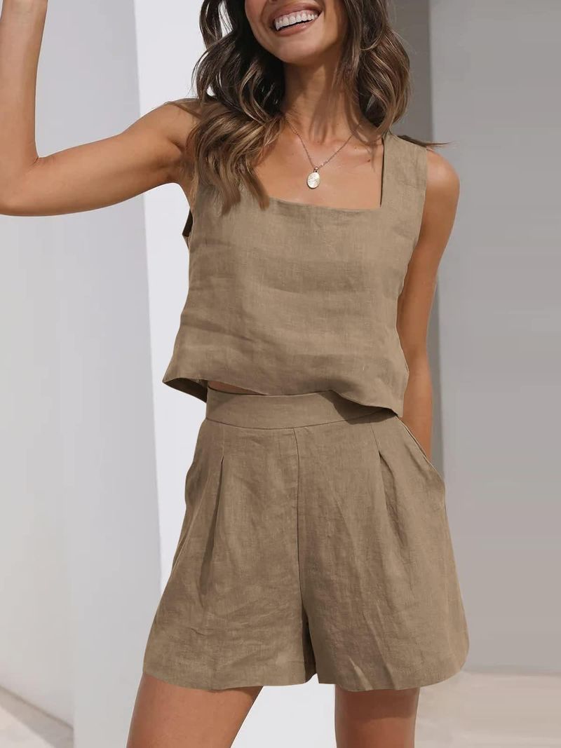 Abito casual da donna in 2 pezzi, pantaloncini di lino, gilet senza maniche_voghion.com
