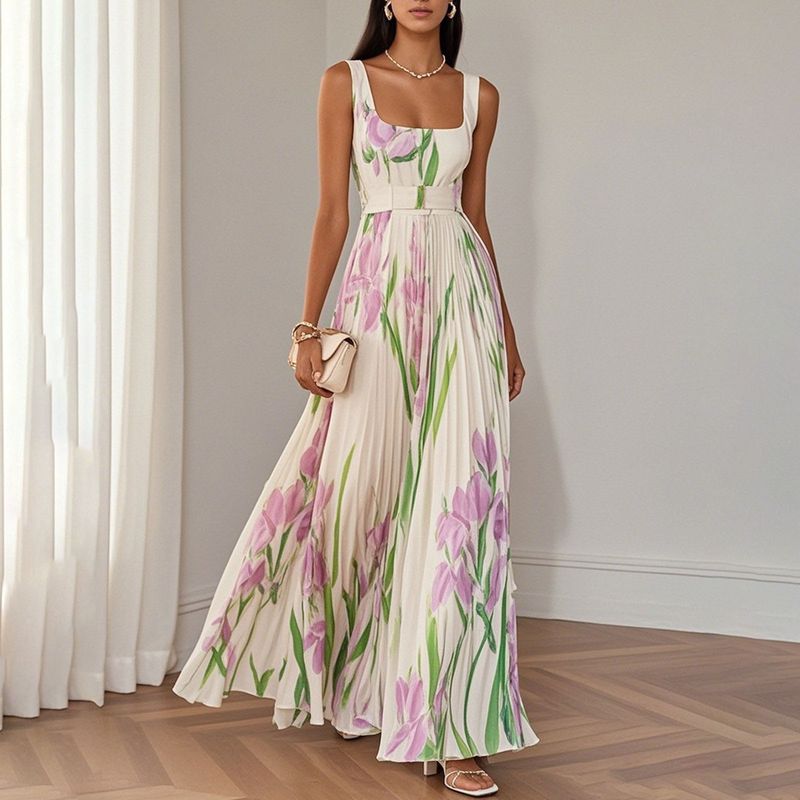 Abito da sera elegante a trapezio con orlo arricciato, in misto poliestere elasticizzato, per matrimoni e feste, con plissettatura floreale, da donna_voghion.com