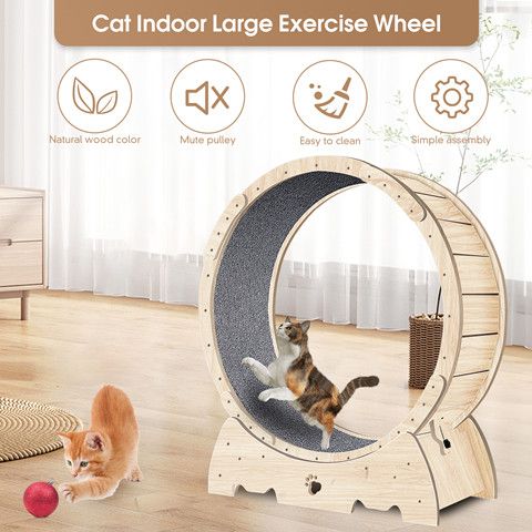 Cat Exercise Wheel For Indoor Cats, Cat Running Wheel With Carpeted Runway, Cat Sport Treadmill Wheel For Kitty's Longer Life, Fitness Weight Loss Device, 37" Natural Wood Color_voghion.com