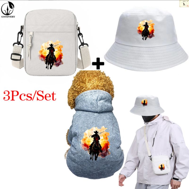 Animal Kangaroo3Pcs/Set CowboyPrint Bag Hat Set Pet Apparel Three-Piece Combo Winter Comfort Pet Clothing Stylish Bag Hat Ideal For Outdoor Pet Travel_voghion.com