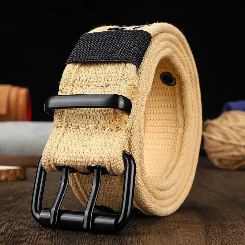 Mens And Womens Double Button Canvas Waistband Work Style Full Hole Needle Buckle Belt Sturdy Durable Jeans For Student_voghion.com