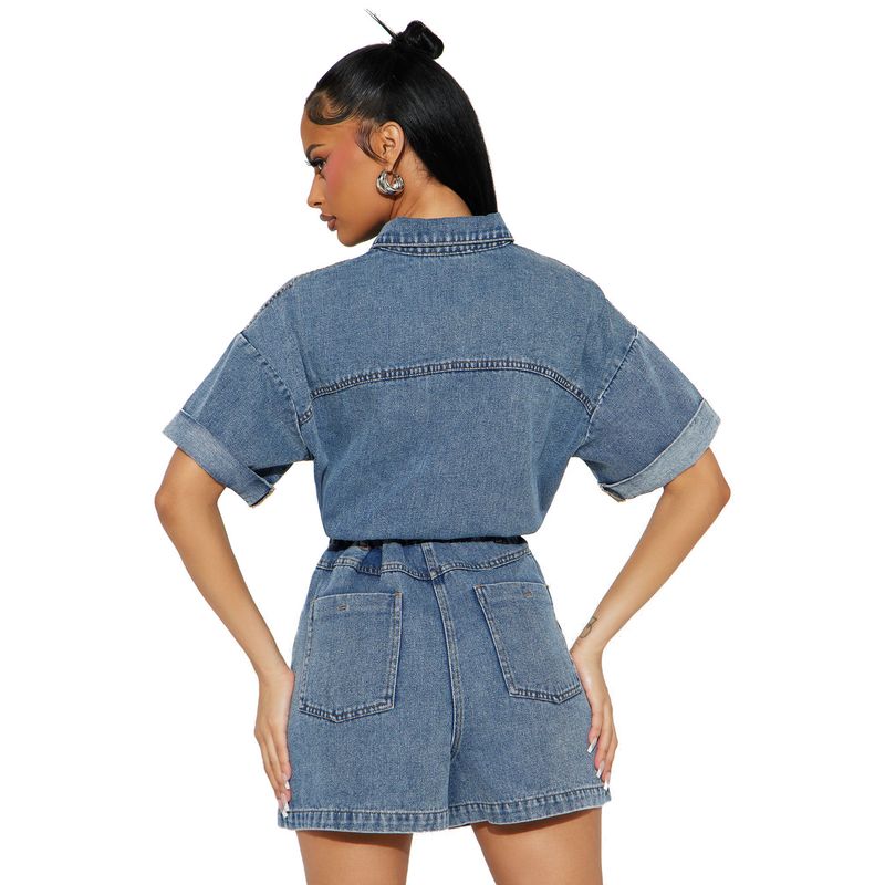 Salopetă din denim spălat, cu mânecă scurtă și elastică, lejeră, pentru femei_voghion.com