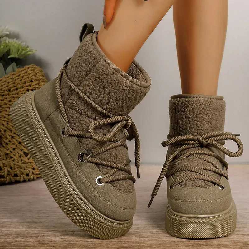 Scarpe da sci invernali da donna in pelle scamosciata con lacci, calde e imbottite, per il tempo libero, in lana sintetica, con plateau, 2024_voghion.com