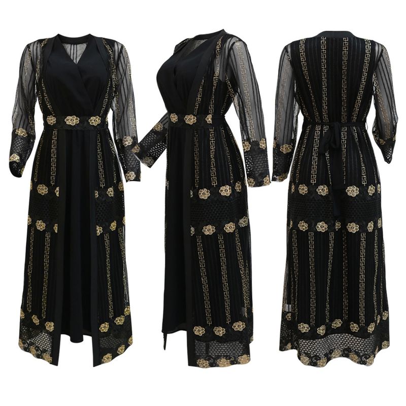 New Muslim Embroidered Mesh Jacket With Chiffon Vest Skirt Suit Kaftan Dress_voghion.com