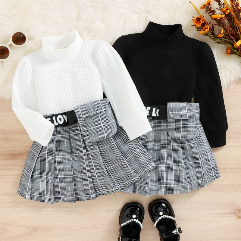 Mother & Kids Two-color striped top + plaid skirt_voghion.com