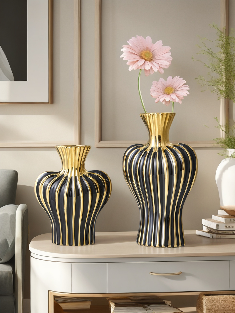 Vase en céramique à rayures de couleur assortie, design haut de gamme, idéal pour les décorations de scène haut de gamme et les fleurs._voghion.com