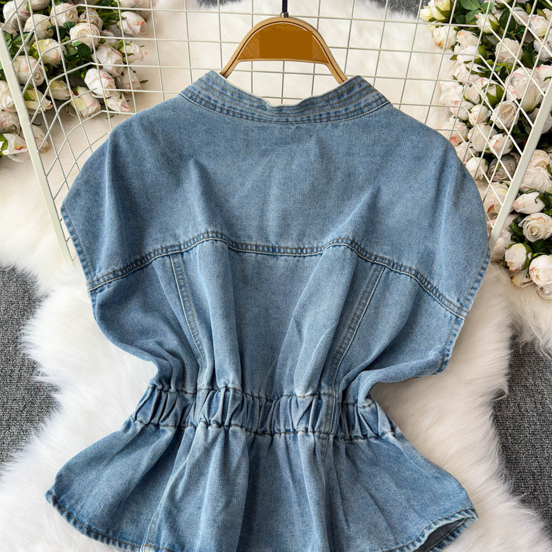 Gilet in denim da donna con cintura in vita e dettagli in strass – Gilet senza maniche azzurro chiaro a trapezio per un look a strati elegante (taglia unica)_voghion.com