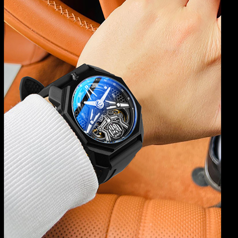 Herren-Skelettuhr mit leuchtenden Zeigern, wasserdicht bis 30 m, Quarzwerk, tonnenförmigem Gehäuse, Silikonarmband – stilvoll und langlebig für die Freizeit_voghion.com