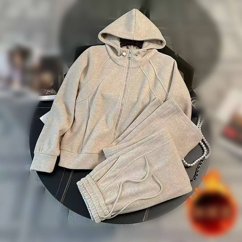 Ropa de mujer Traje deportivo casual de moda color albaricoque Otoño e invierno Chaqueta corta antienvejecimiento Pantalones de pierna ancha Traje de dos piezas_voghion.com