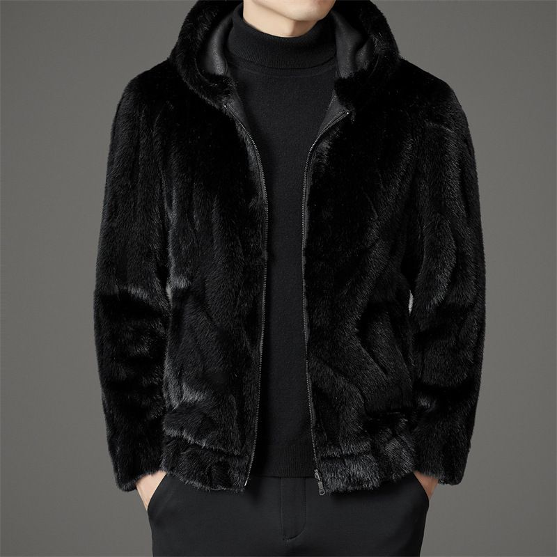 "Men's Reversible Faux Fur Coat – Winter Hooded Parka With Stand Collar (Black/Grey/Mocha)"_voghion.com