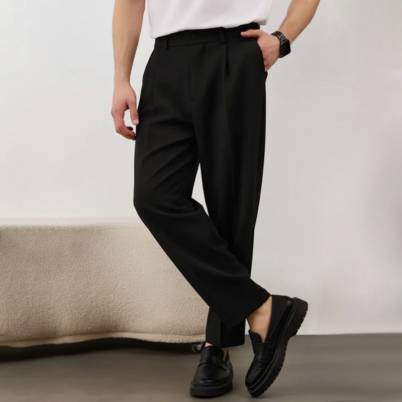 Calças sociais slim fit para homens – Calças retas de poliéster com pregas frontais e bolsos inclinados, essenciais para o dia a dia_voghion.com