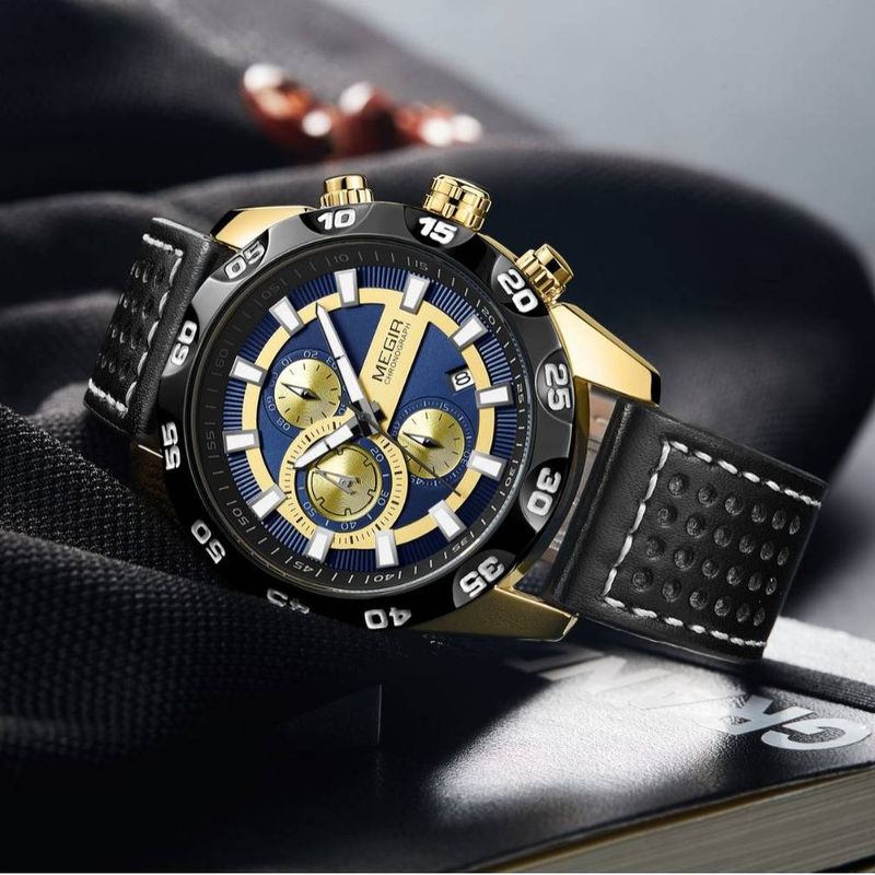 Men's Multifunction Chronograph Watch – 47mm Sporty Quartz Watch With Date, Luminous Hands & Genuine Leather Strap (Gold/Black/White Options)_voghion.com