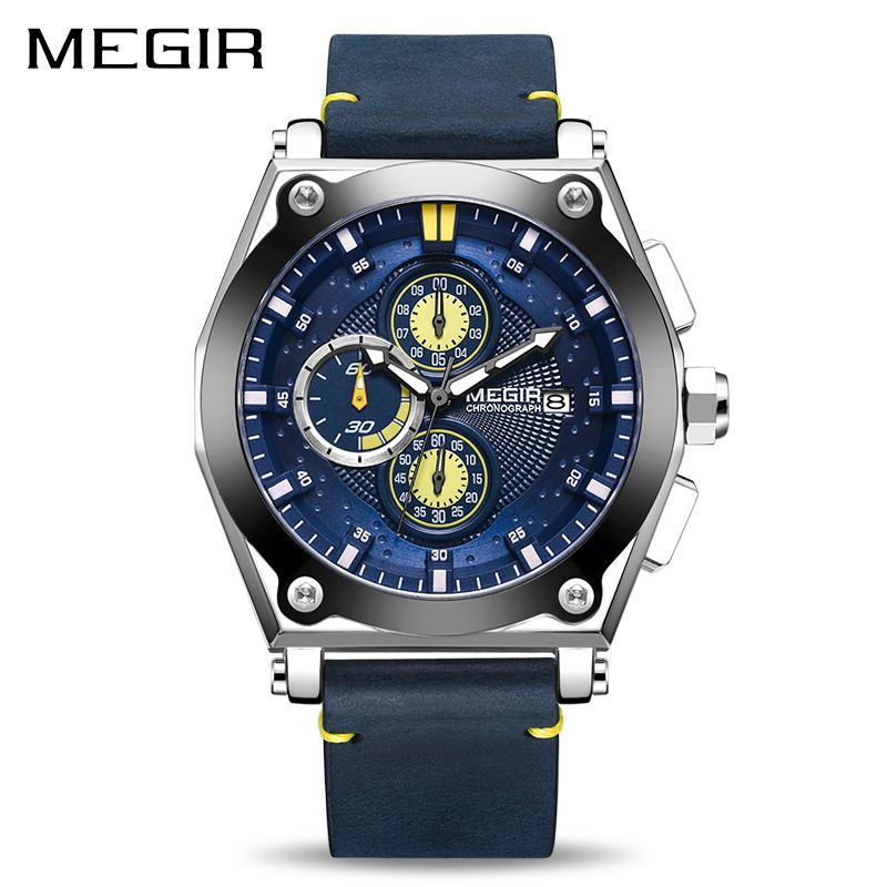 Orologio sportivo da uomo MEGIR in vera pelle con cronografo, resistente all'acqua, luminoso, multifunzione, design elegante_voghion.com