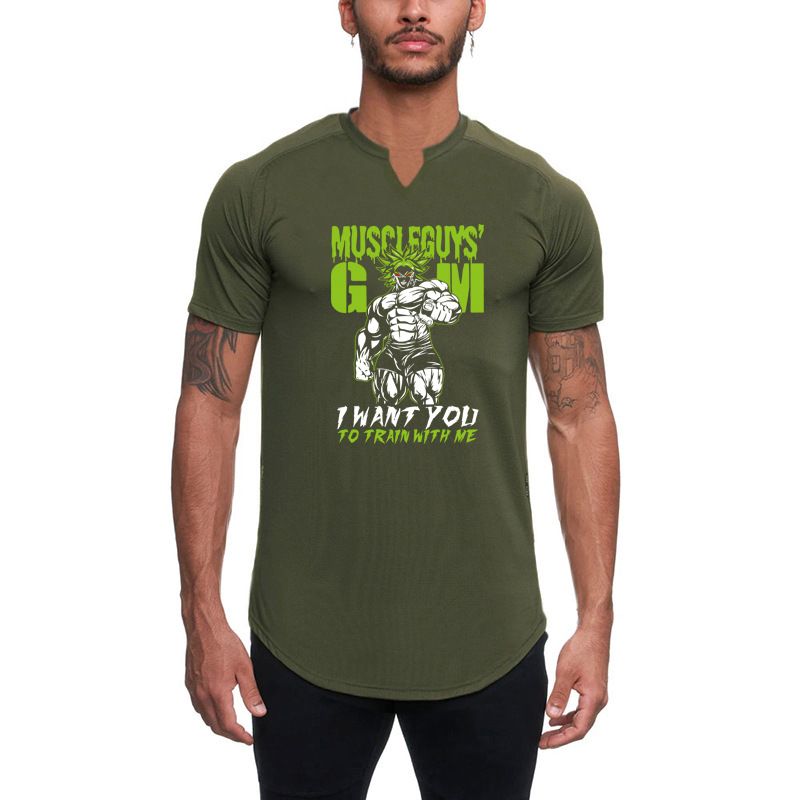 T-shirt sportiva da uomo a maniche corte Slim Fit Small V-eck Fitess Traiig Muscle Roll Iro Dog Brother Summer Thi_voghion.com