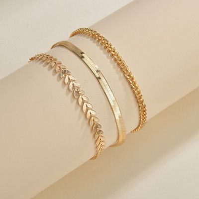 Jewelry Metal Texture Chain Leaf Set Of 3 Anklets_voghion.com