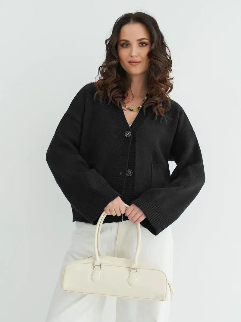 Cardigan en tricot à col en V et poches pour femme - Pull oversize doux et confortable pour l'automne et l'hiver, élégant, coupe ample, décontracté, manches longues, ouvert sur le devant_voghion.com