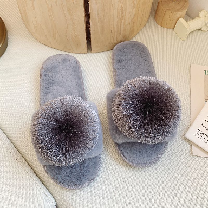 Pelzig mit Pompons, Ein-Wort für Frauen, Plüsch-Hausschuhe für den Innenbereich in Übergröße, Hausschuhe aus Baumwolle mit offenen Zehen_voghion.com
