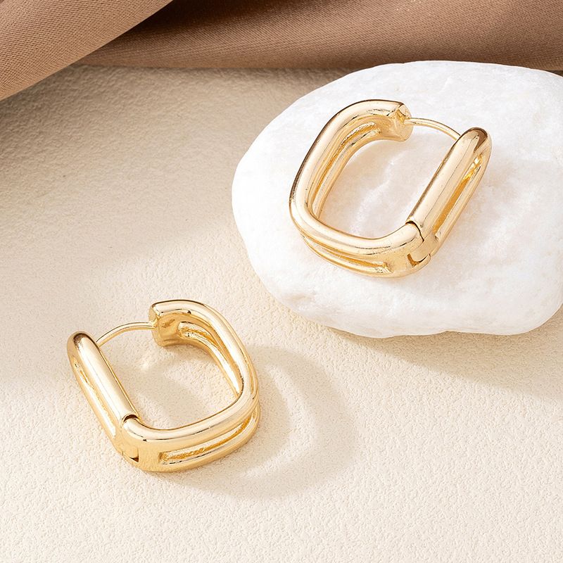 Glänzende, quadratische Ohrclips im minimalistischen Stil aus Metall im europäischen und amerikanischen Stil, zweilagig_voghion.com