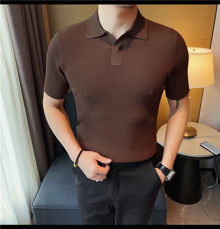 Maglione lavorato a maglia a maniche corte con scollo a V da uomo, colletto a gabbiano, stile business casual britannico, estivo, in seta ghiacciata_voghion.com