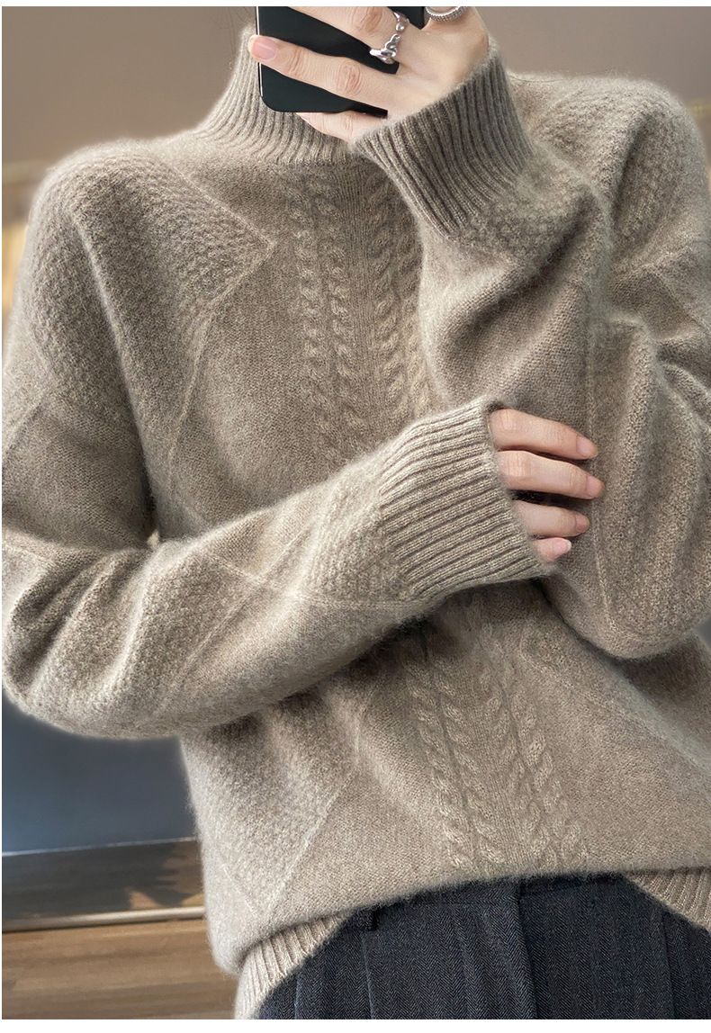 Oversize-Pullover aus grobem Strick – Weicher Pullover mit hohem Kragen für Damen (Altrosa/Kamel/Beige)_voghion.com