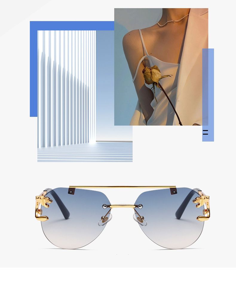 Neuheiten Retro Geparden Dekoration Randlose Sonnenbrille für Frauen Männer Metall Steampunk Sonnenbrille Rahmenlose Fashion Shades UV400_voghion.com