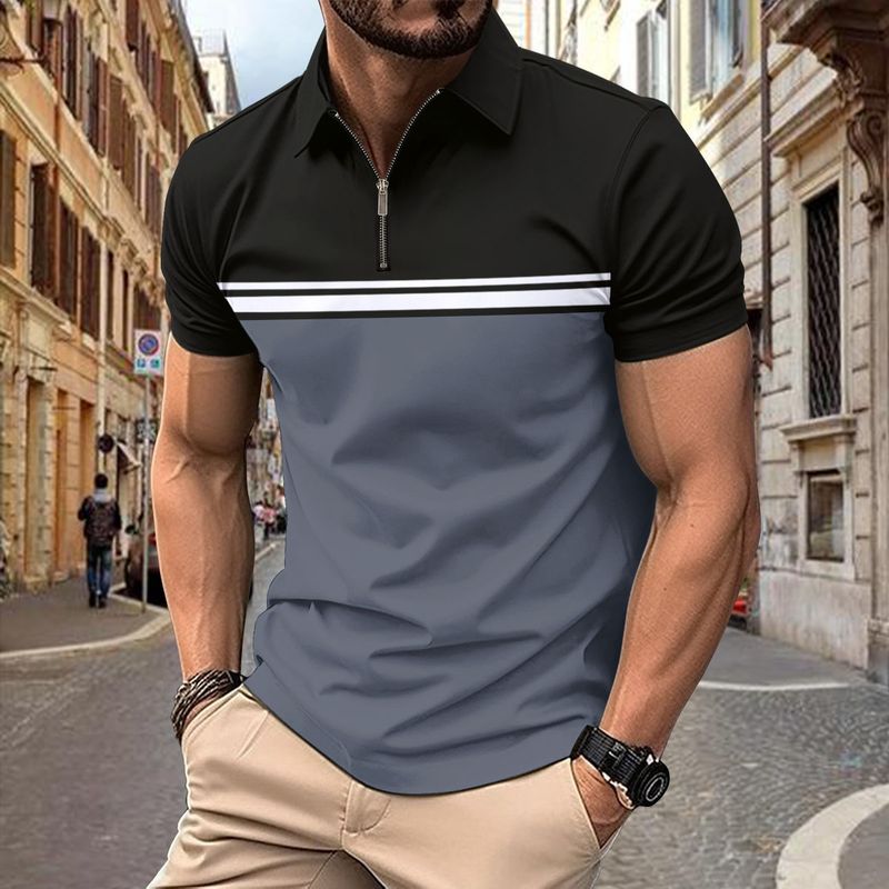 Polo estiva da uomo a maniche corte con cerniera alla moda a contrasto di colore_voghion.com