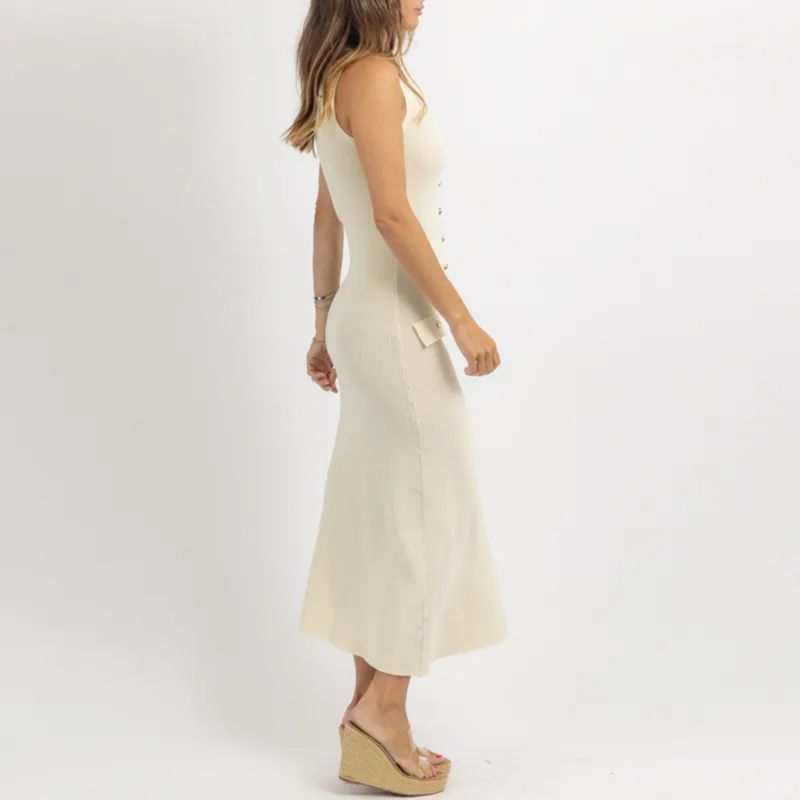 Summer New Women's Round Neck Single-Breasted Sleeveless Pocket Decorated Knitted Slim Long Dress_voghion.com