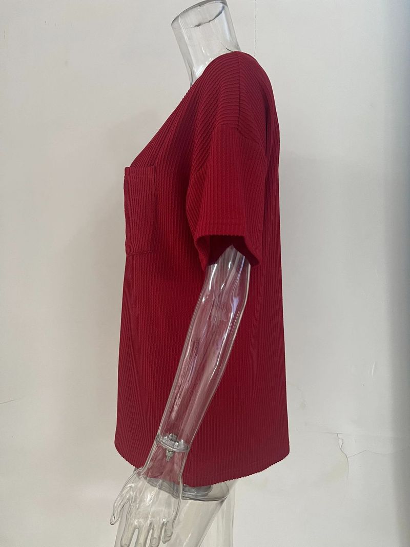 Damen-T-Shirt mit V-Ausschnitt, lockerer Passform, lässig, kurzärmlig – atmungsaktive Polyestermischung, Übergröße XL–5XL, Taschendetail, bequemer Alltagslook_voghion.com