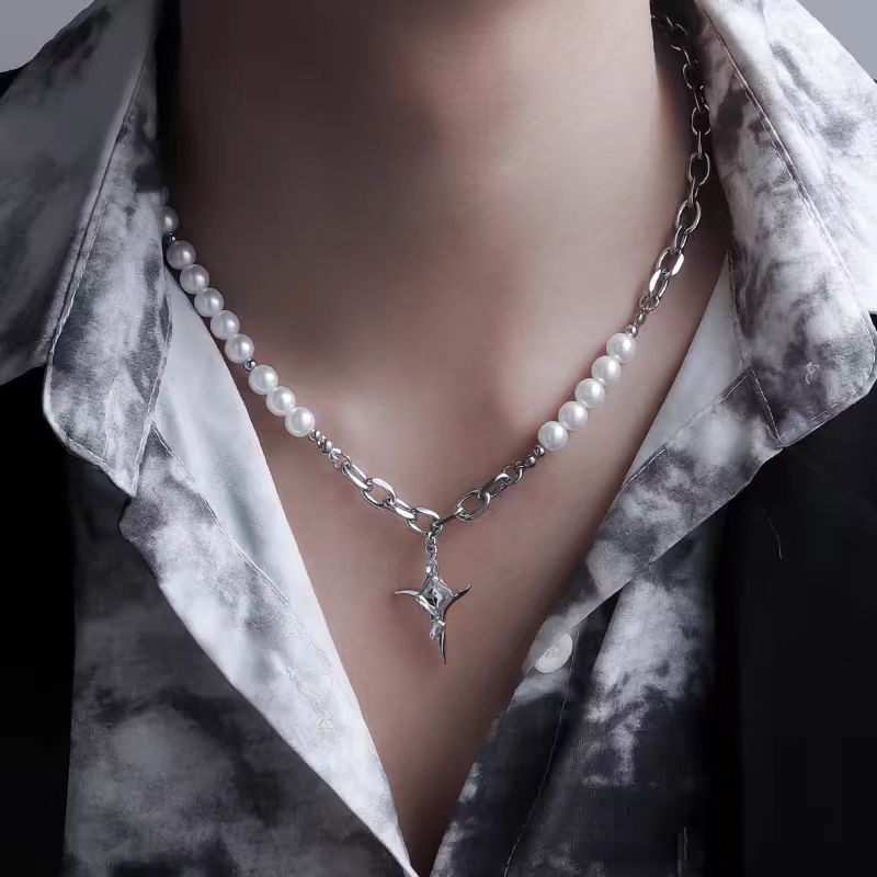 Collana con croce a stella e perle da uomo, hip-hop alla moda, di alta qualità, cool e versatile, design di nicchia, catena per clavicola da donna_voghion.com