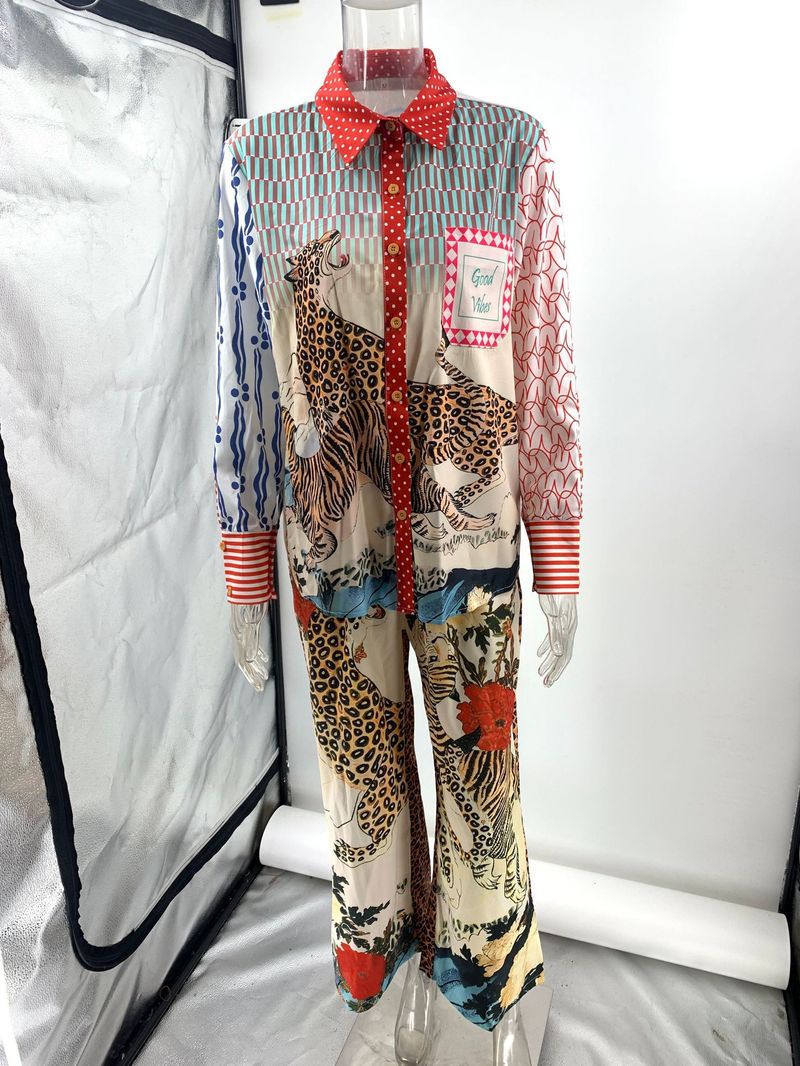 Vêtements pour femmes Loisirs Vacances Imprimé léopard Chemise à manches longues Pantalon Ensemble deux pièces_voghion.com