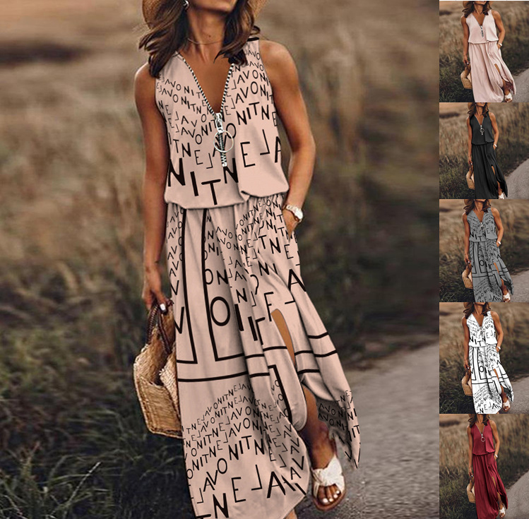 Trendy Sleeveless Zip-Front Letter Print Maxi Dress – High-Low Hem & V-Neck Casual Dress (Black/Red/Khaki/Print-Grey/Print-White/Print-Khaki, S-5XL)"_voghion.com