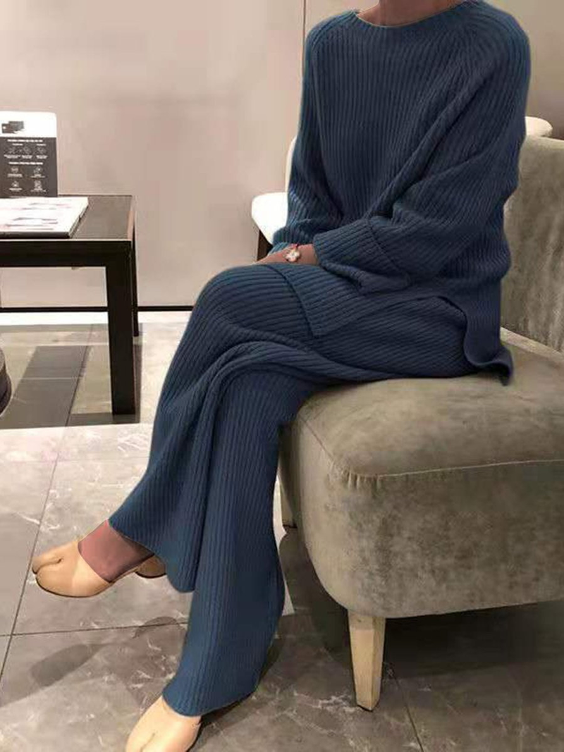 Kleidung langärmeliger, einfarbiger, gestrickter, lässiger, zweiteiliger Strickpullover_voghion.com