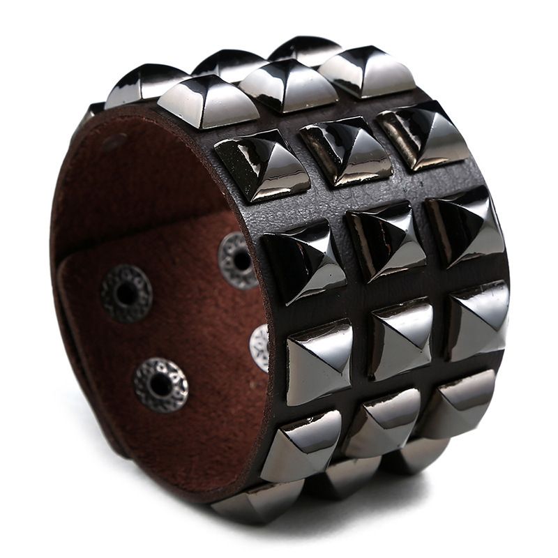 Square Bead Rivet Personality Punk Bracelet Fashion Men's PU Leather Wristband_voghion.com
