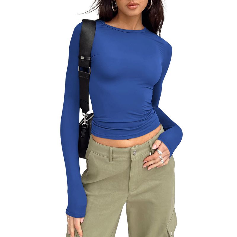 Maglietta casual a maniche lunghe da donna, a tinta unita, attillata, primaverile e autunnale_voghion.com