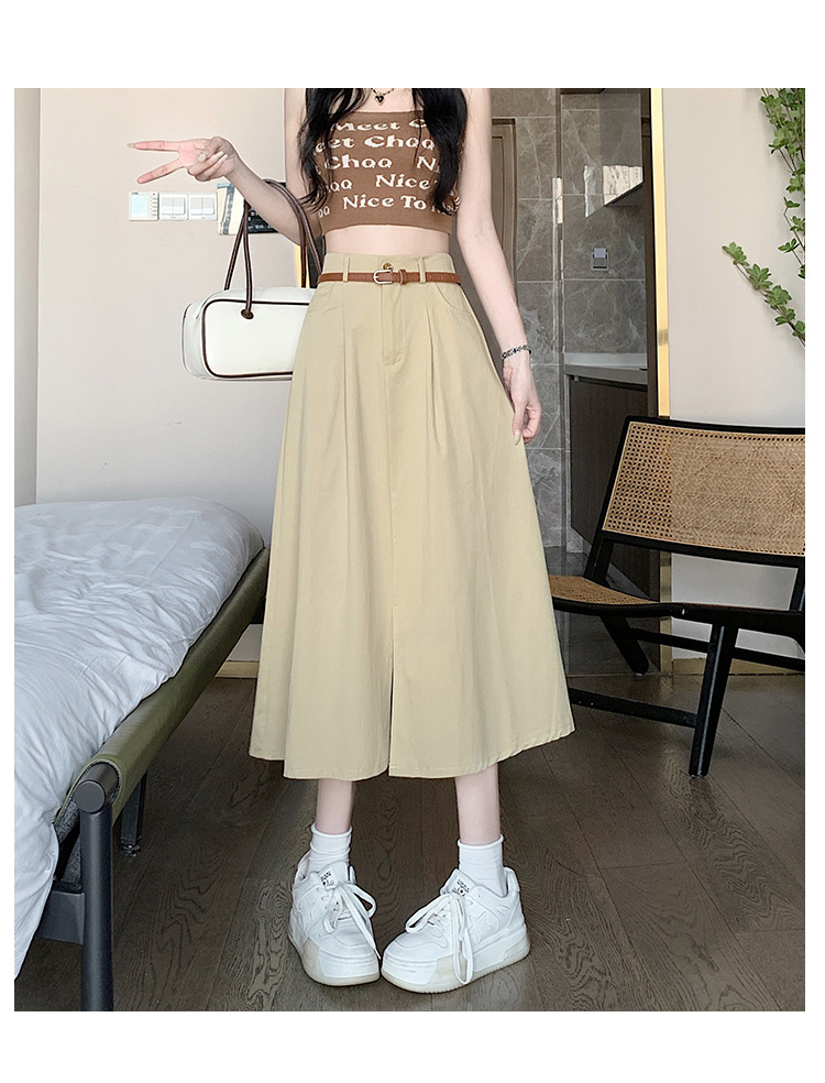 2023 Nuovo prodotto Cintura squisita divisa personalizzata, vita alta, tasche sottili e minimaliste, gonna altalena di media lunghezza alla moda_voghion.com